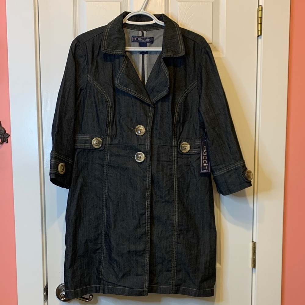 Baccini Dark Denim Long Jean Jacket 3/4 Sleeves Buttons Womens Size Extra Large